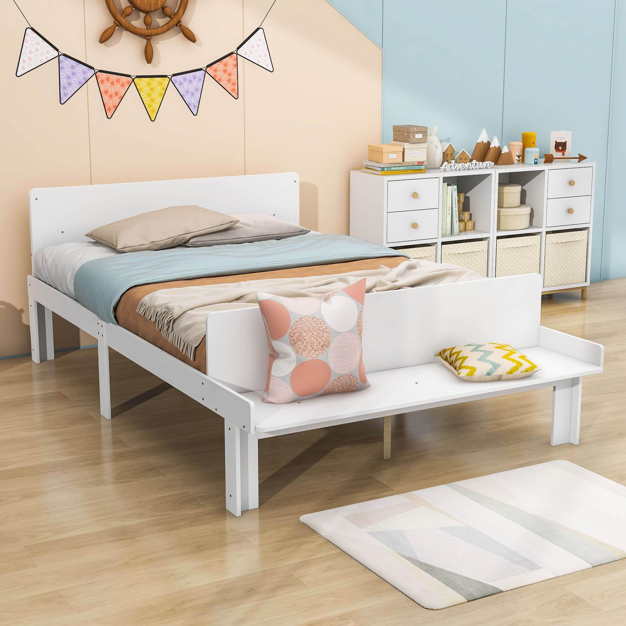 Full Size Kids Bed Frame with Headboard and Footboard Bench, Storage