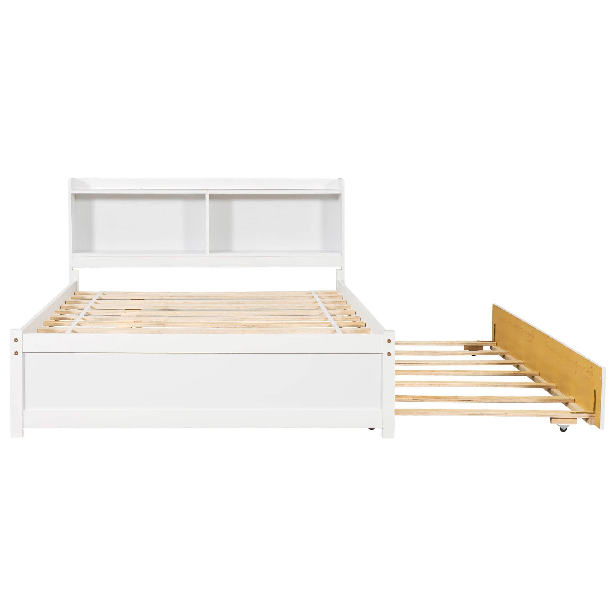 Wooden Full Size Platform Bed with Twin Trundle Bed and Storage Headboard - [Shelves]