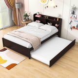 Wooden Full Size Platform Bed with Twin Trundle Bed and Storage Headboard - [Shelves]