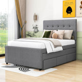 Full Size Linen Upholstered Platform Bed Frame with Storage and Trundle