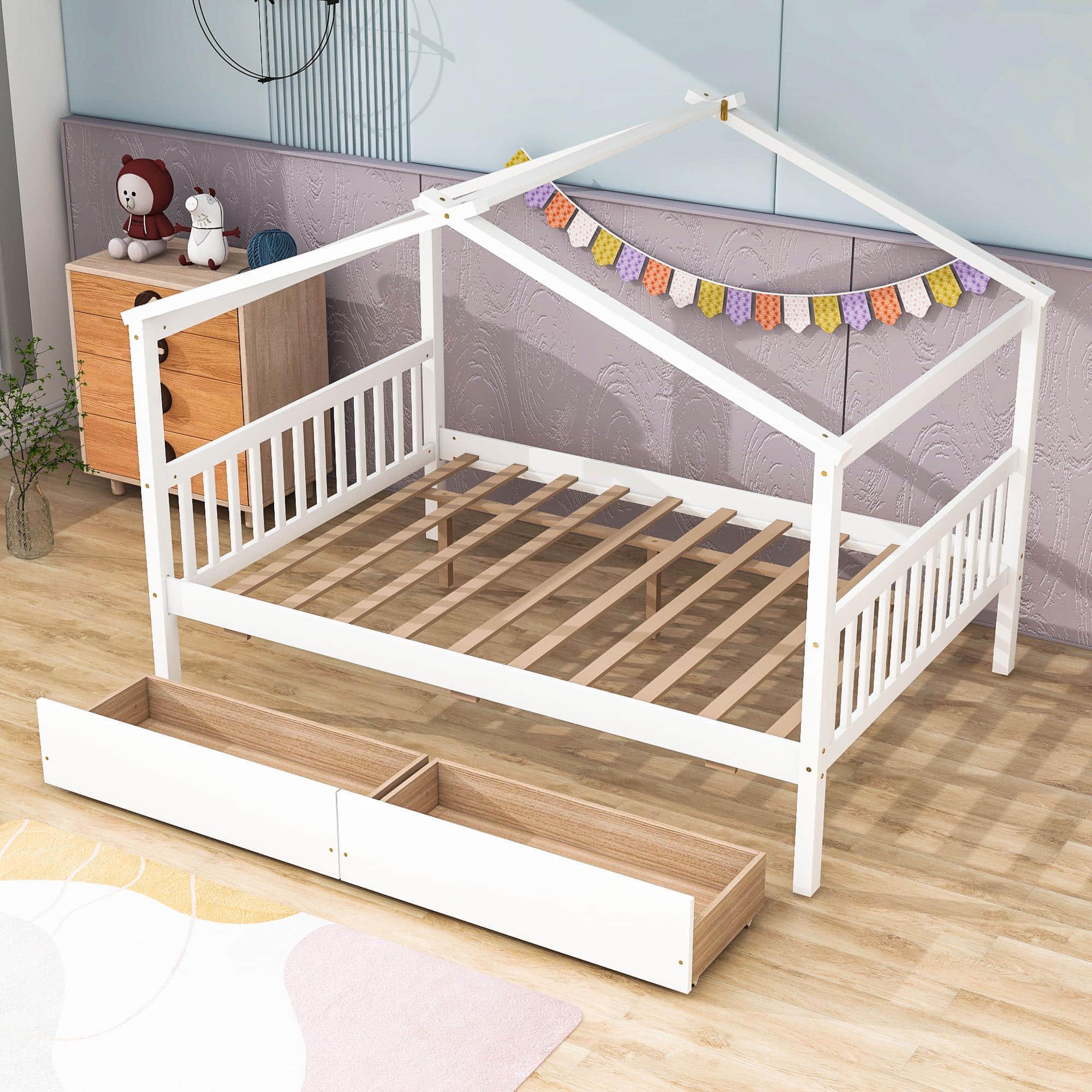 Wooden Full Size House Bed with Storage Drawers for Kids