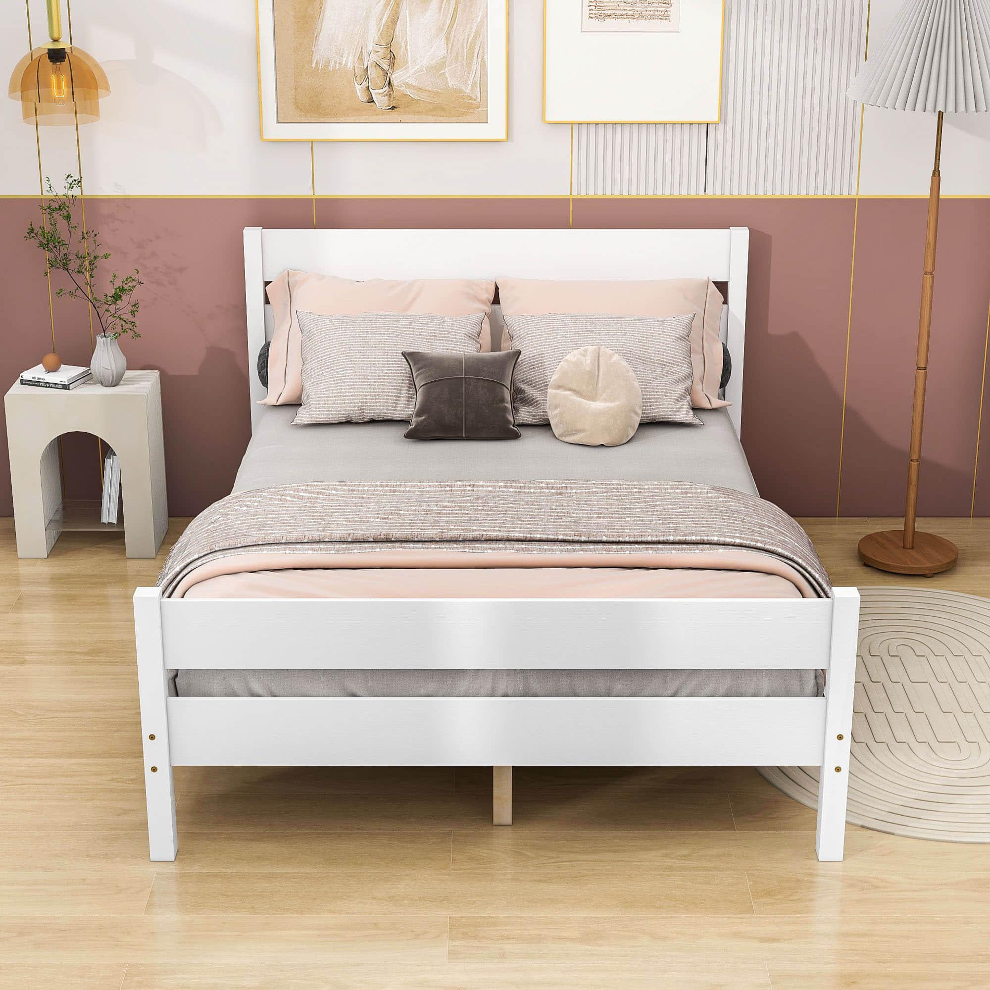 Wooden Full Bed Frame with Slat Headboard and Footboard