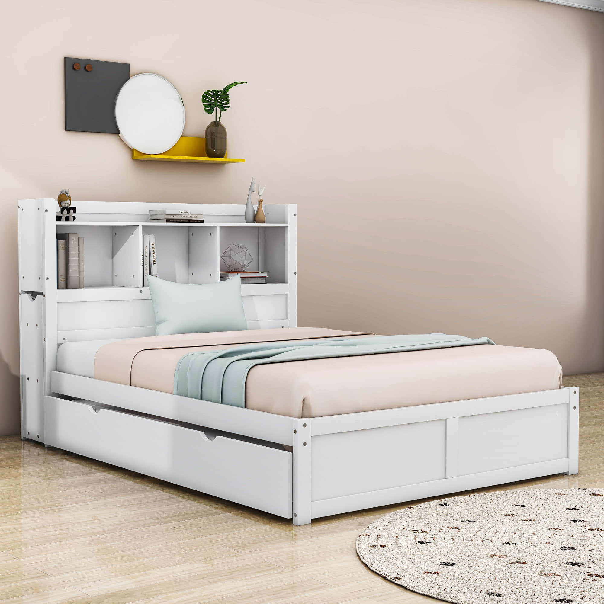 Full Platform Bed Frame with Twin Trundle Bed and Storage Headboard