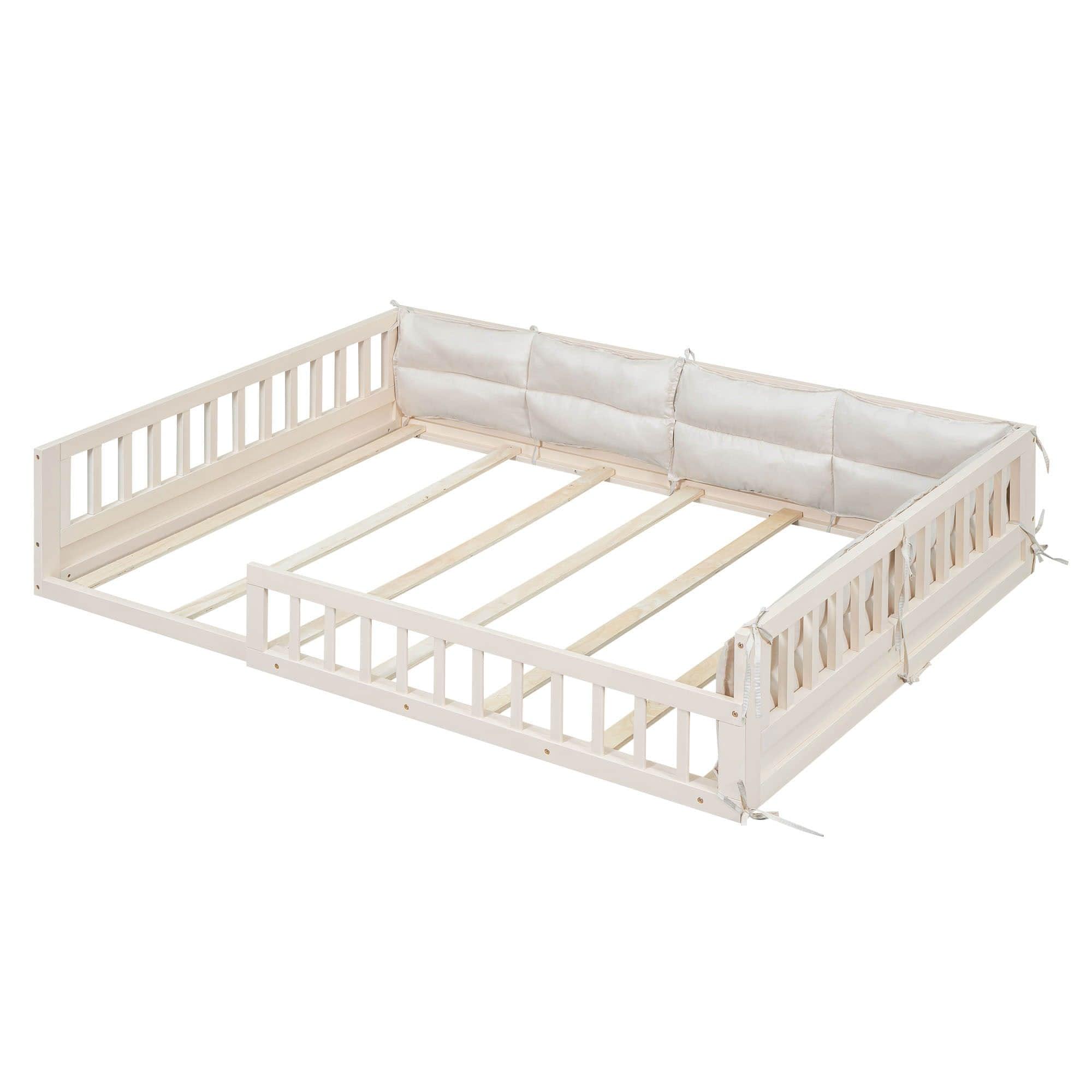 Wood & Upholstered Full Size Toddler Floor Bed with Rails and Pillow