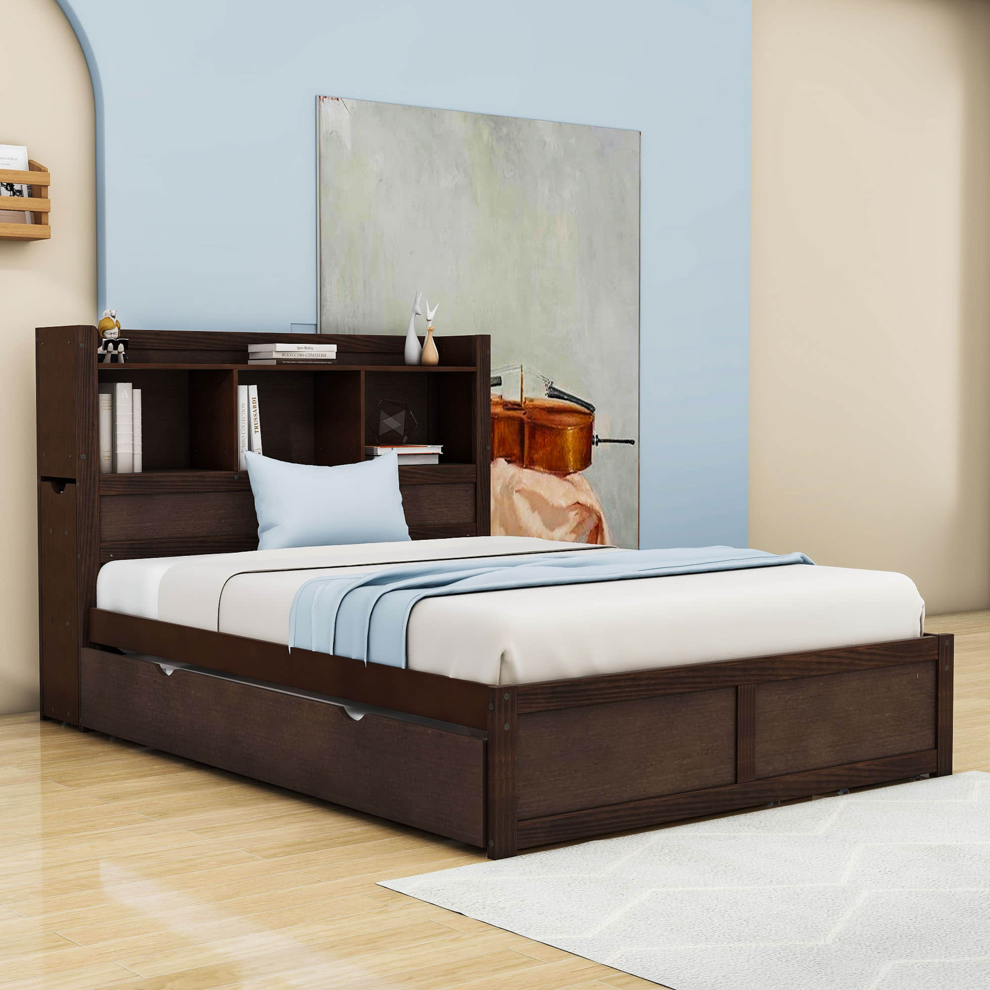 Full Platform Bed Frame with Twin Trundle Bed and Storage Headboard