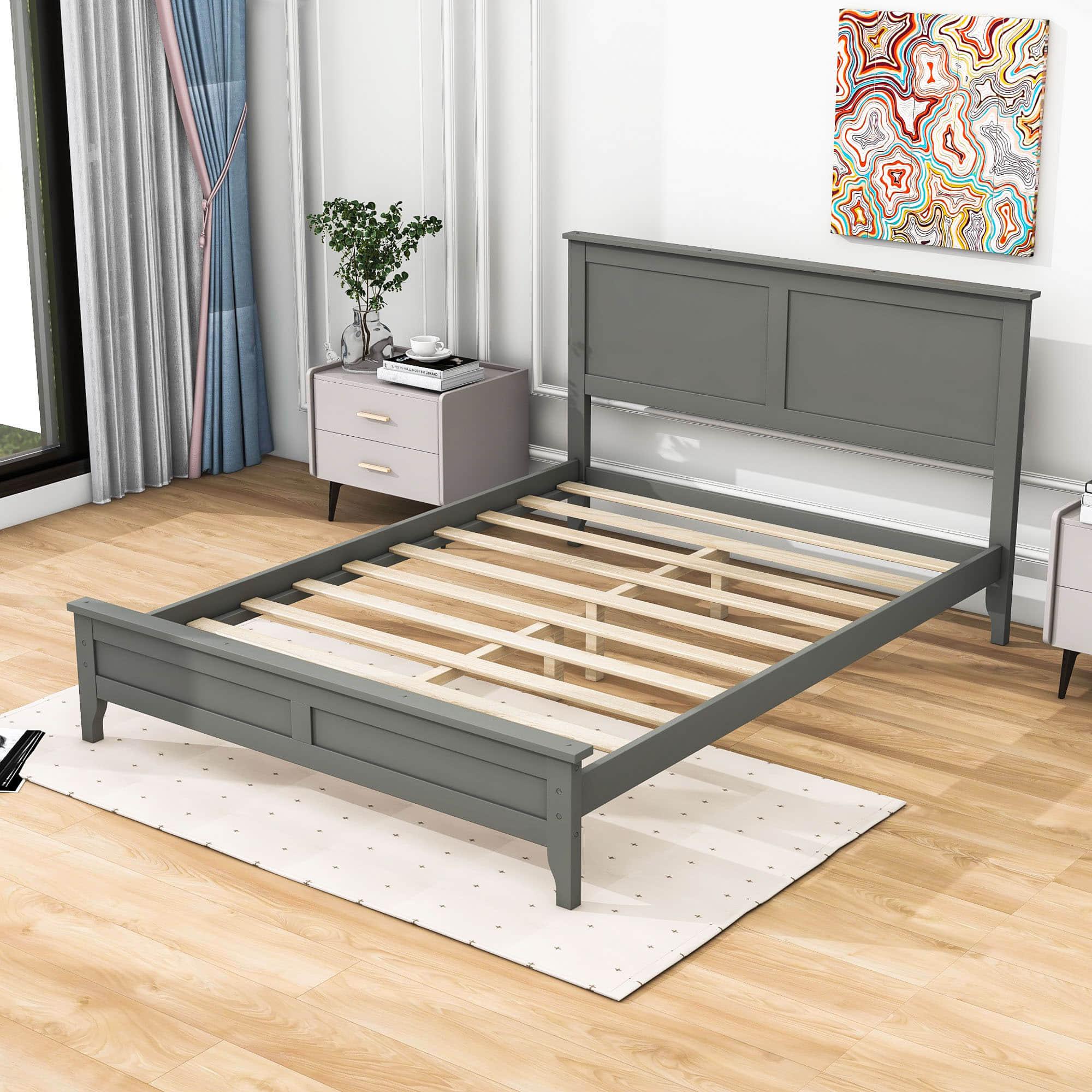 Mid-Century Modern Solid Wood Full Size Platform Bed with Headboard