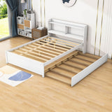 Wooden Full Size Platform Bed with Twin Trundle Bed and Storage Headboard - [Shelves]