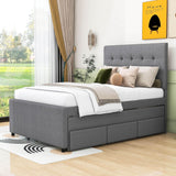 Full Size Linen Upholstered Platform Bed Frame with Storage and Trundle