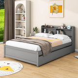 Wooden Full Size Platform Bed with Twin Trundle Bed and Storage Headboard - [Shelves]