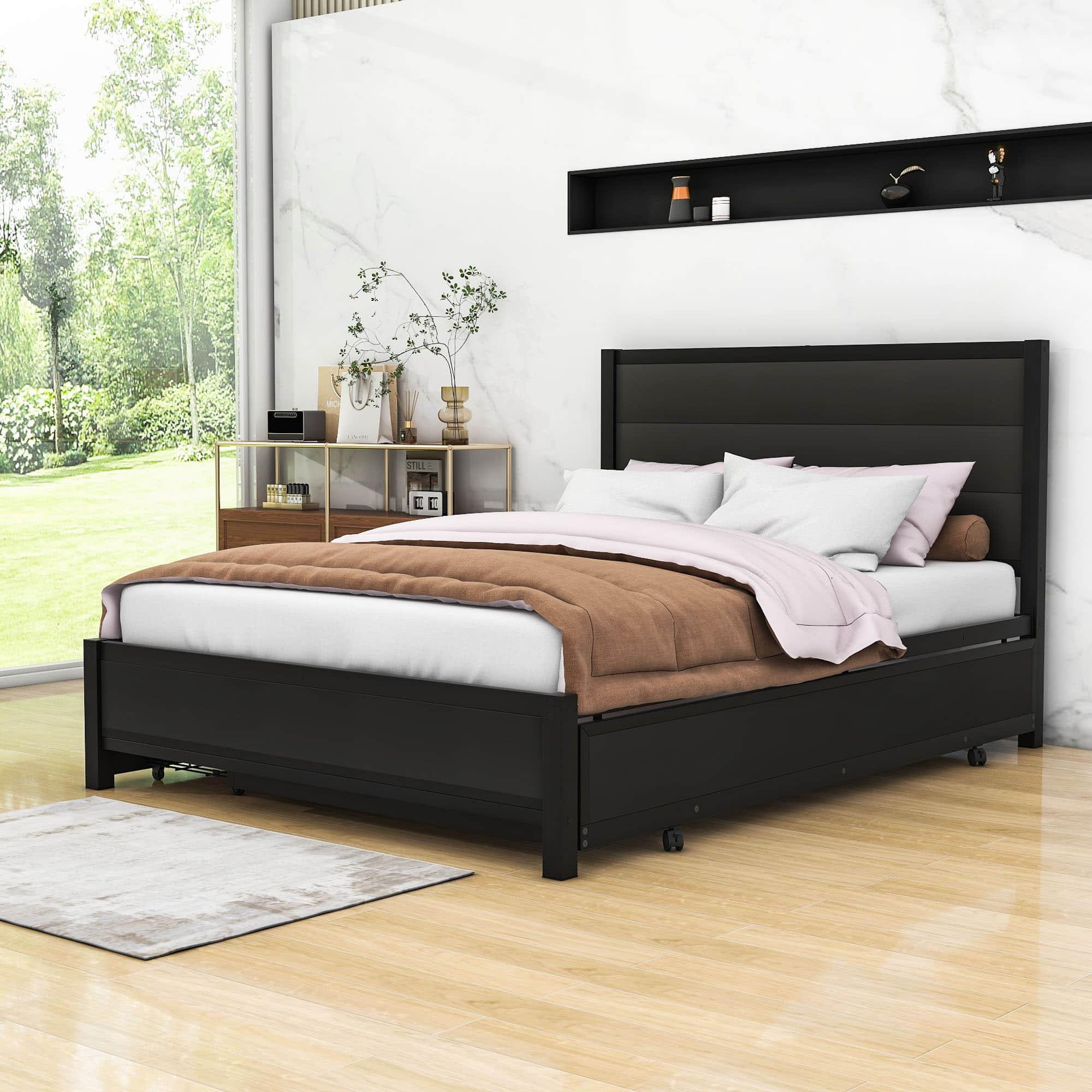 Metal Full Size Storage Platform Bed with Twin Trundle Bed