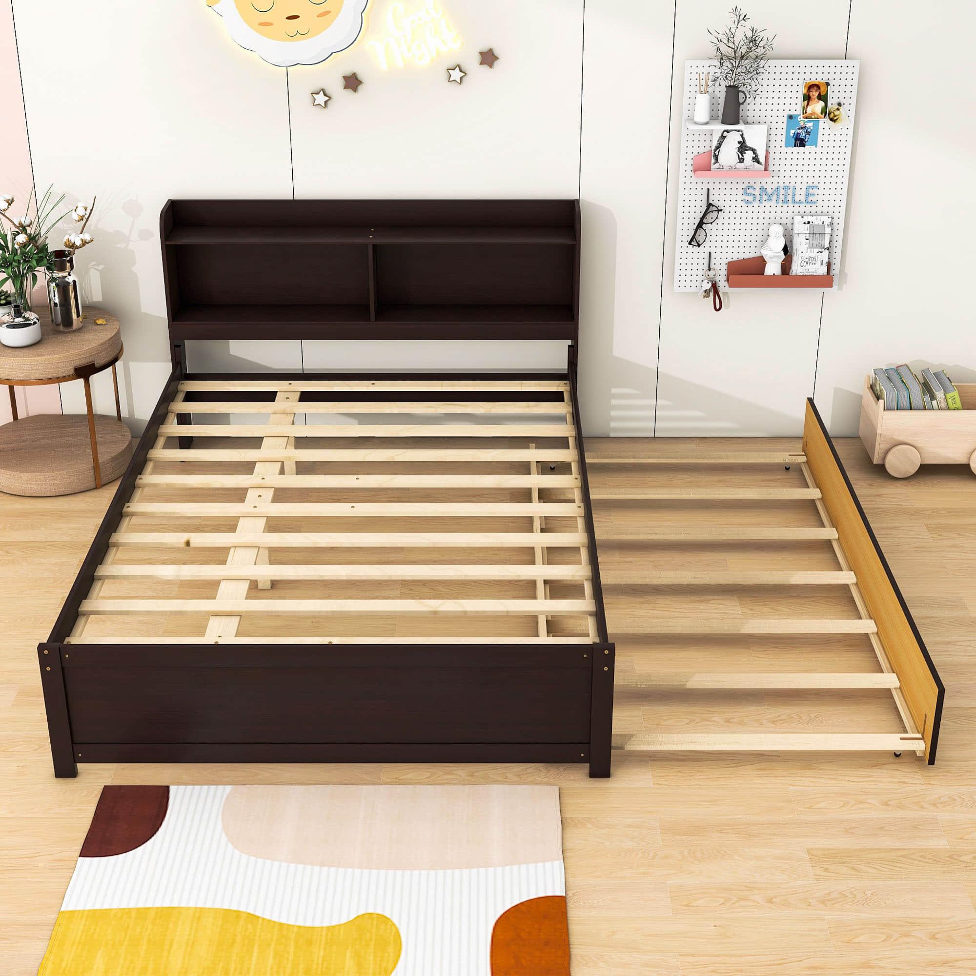 Wooden Full Size Platform Bed with Twin Trundle Bed and Storage Headboard - [Shelves]