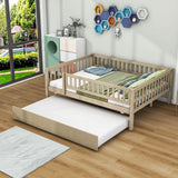 Wooden Full Size Low Kids Bed with Twin Size Trundle and Rails