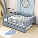 Wooden Full Size Low Kids Bed with Twin Size Trundle and Rails