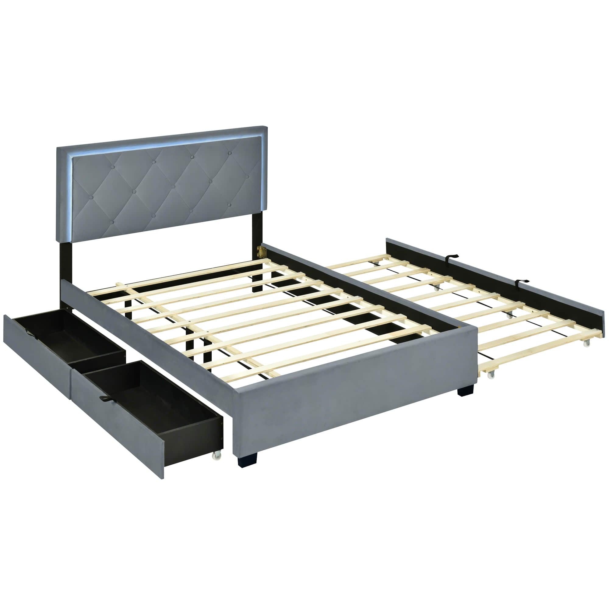 Full Velvet Upholstered Platform Bed Frame with Twin Trundle and Storage