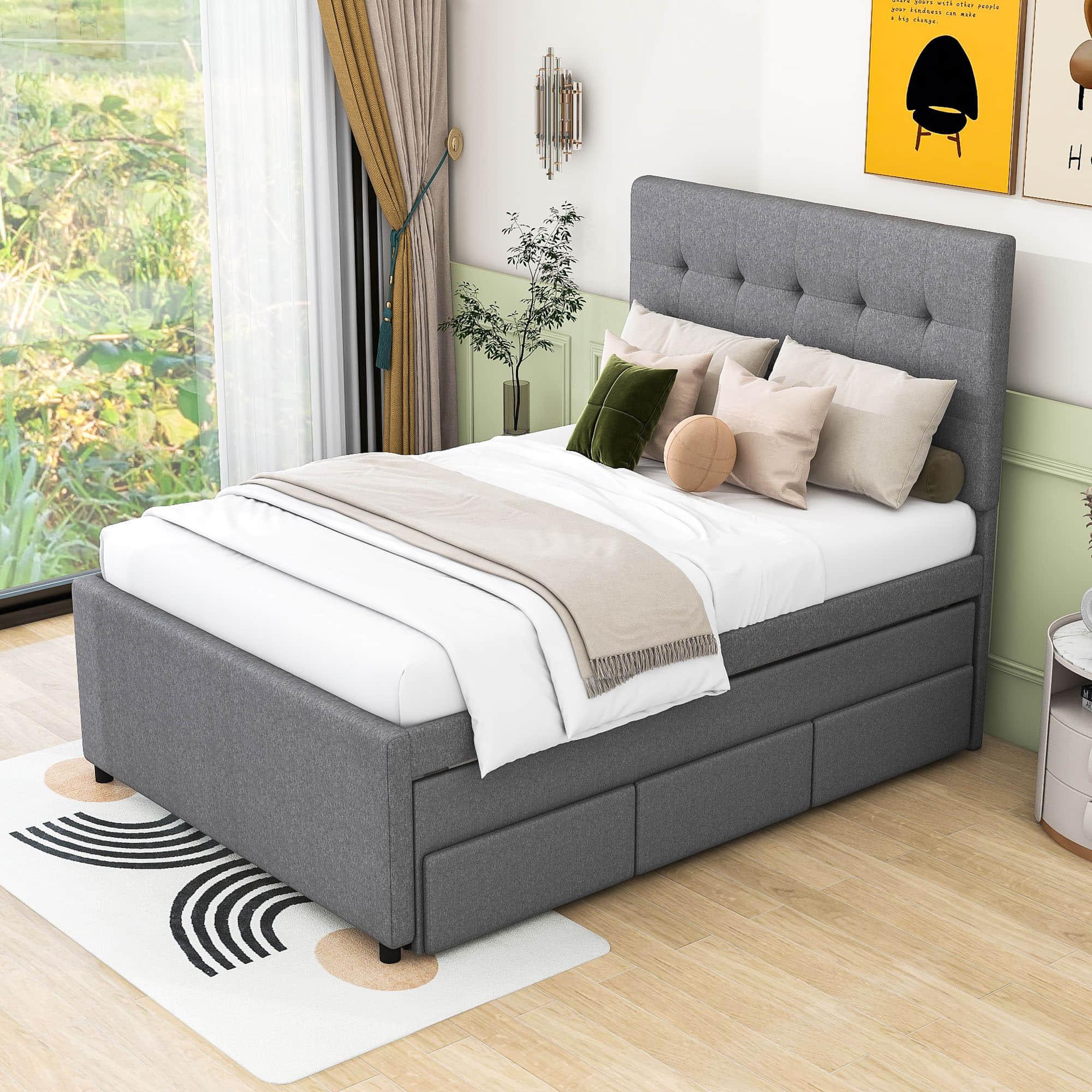 Full Size Linen Upholstered Platform Bed Frame with Storage and Trundle