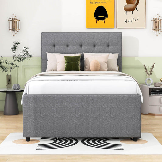 Full Size Linen Upholstered Platform Bed Frame with Storage and Trundle