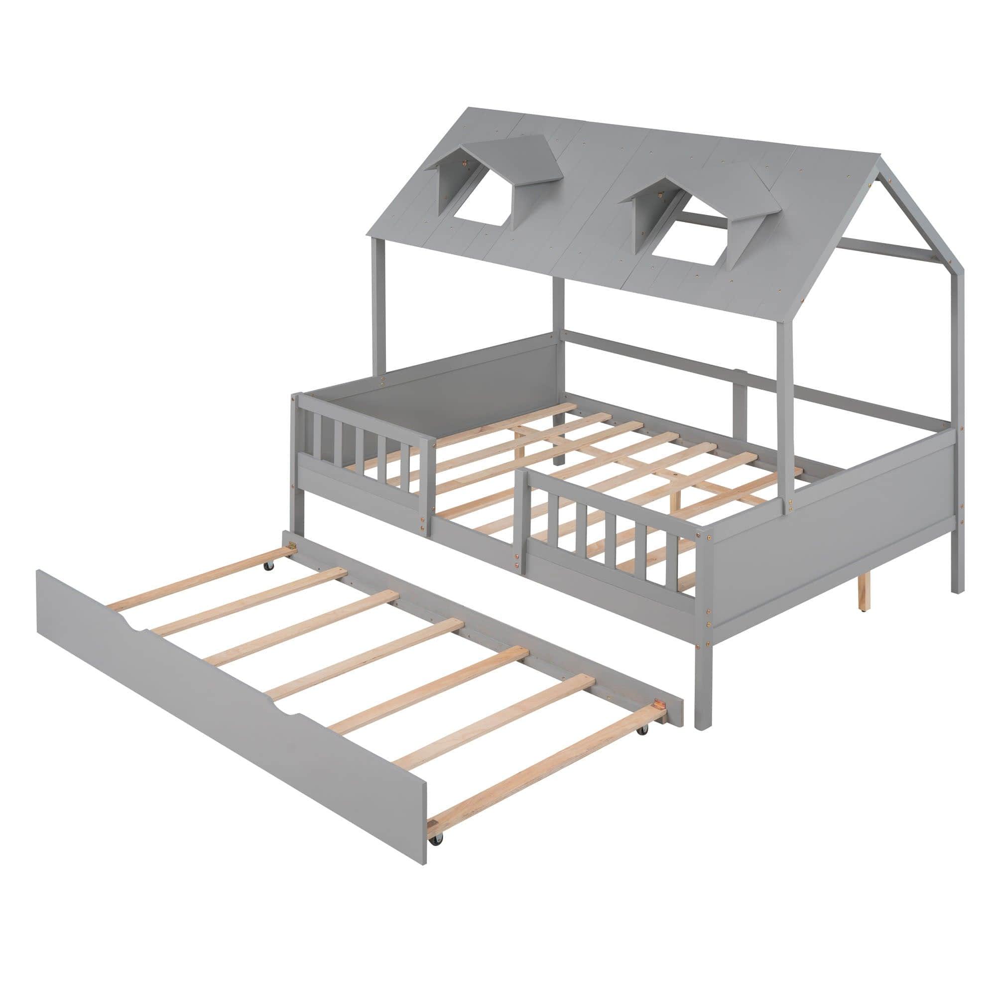 Wooden Full Size Kids House Bed with Rails and Twin Trundle Bed