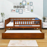 Wooden Full Size Low Kids Bed with Twin Size Trundle and Rails