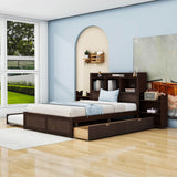 Full Platform Bed Frame with Twin Trundle Bed and Storage Headboard