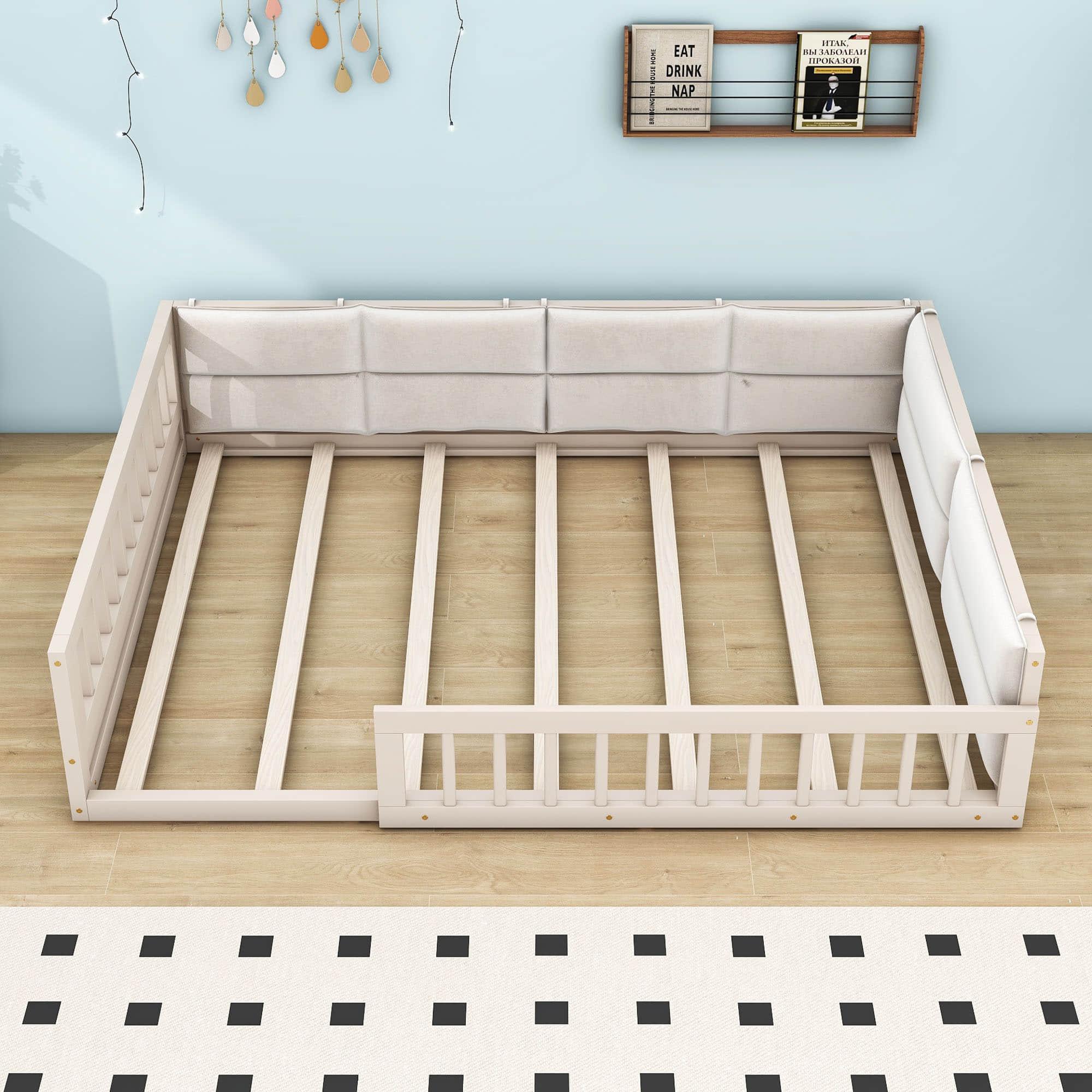 Wood & Upholstered Full Size Toddler Floor Bed with Rails and Pillow