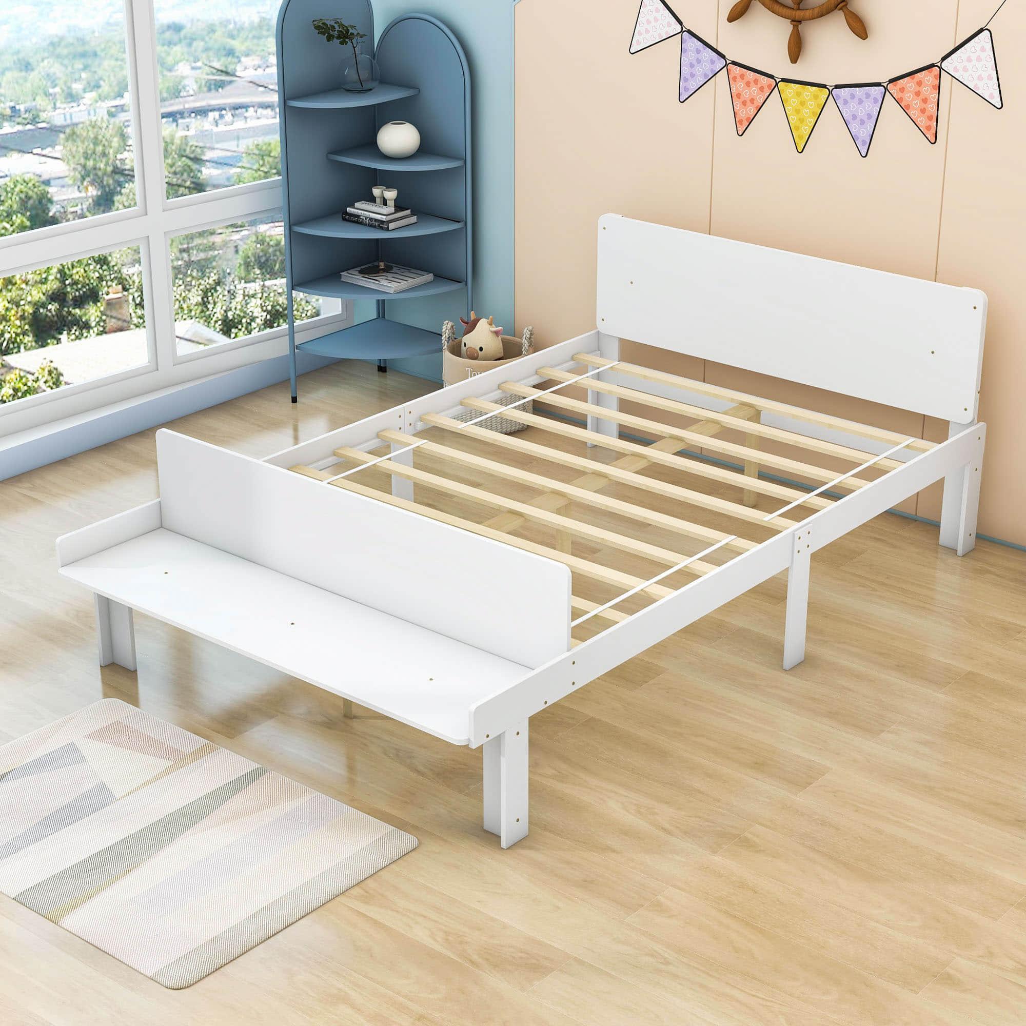 Full Size Kids Bed Frame with Headboard and Footboard Bench, Storage