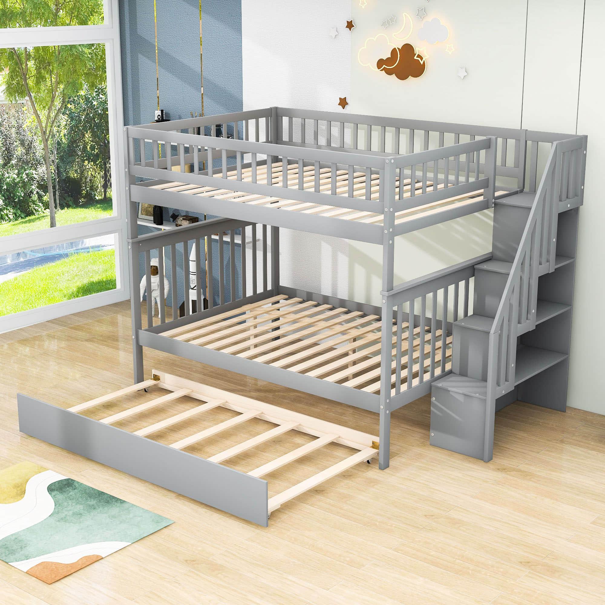 Wooden Full Size Bunk Bed with Stairs and Trundle, Storage Shelves