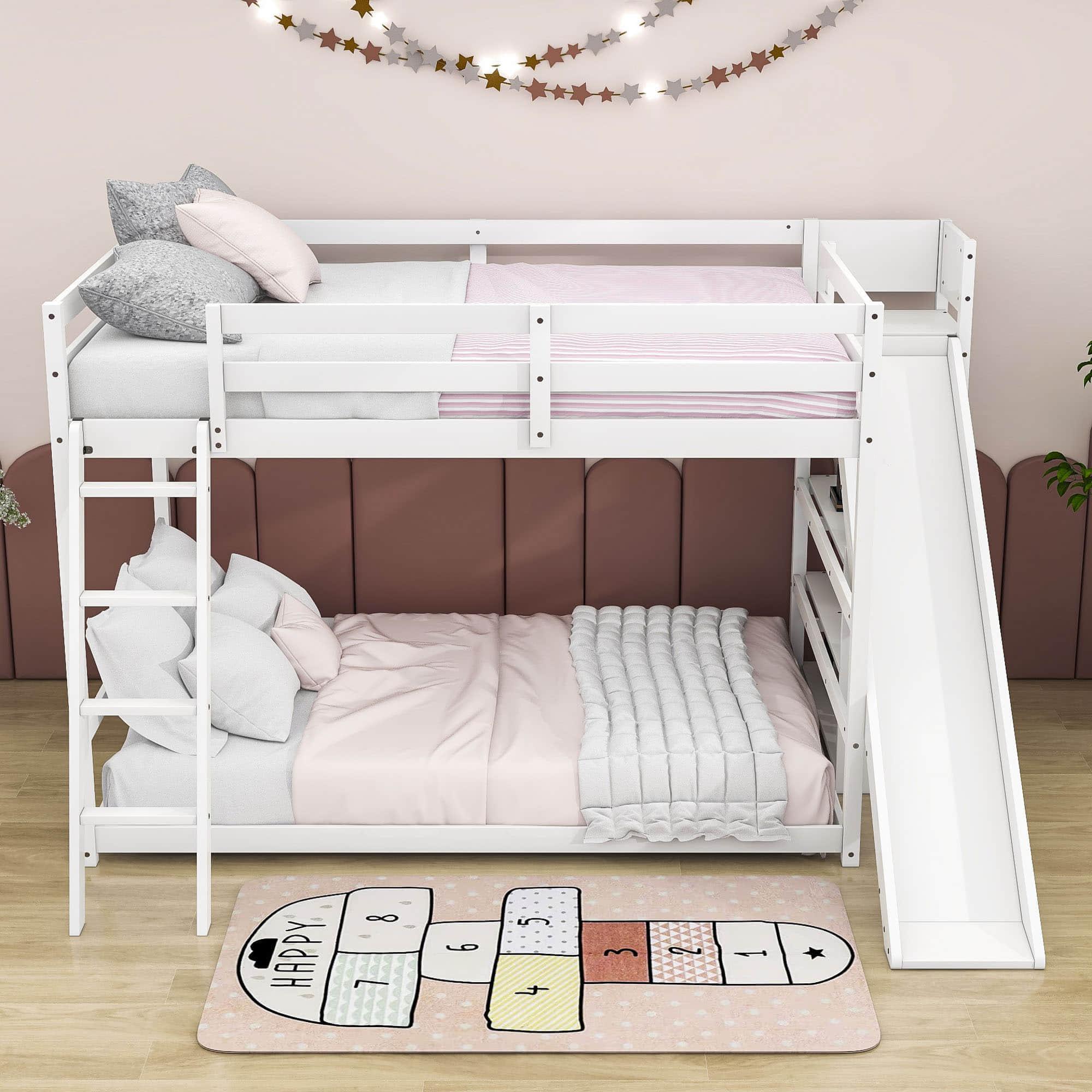 Low Full Size Loft Bunk Beds with Slide and Shelves for Kids, Toddler