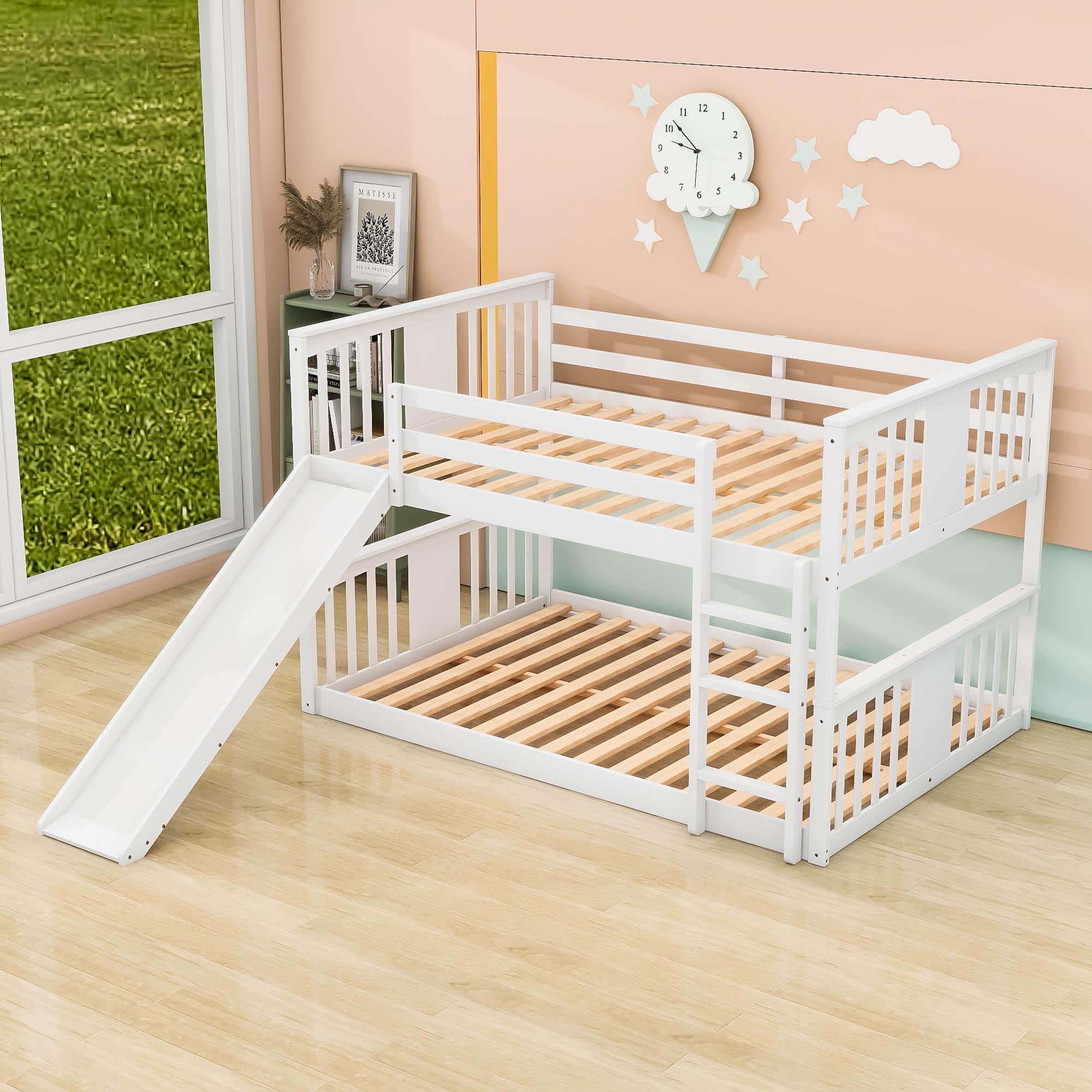 Low Full Over Full Bunk Beds with Slide for Kids Toddler - [Wooden]