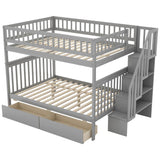 Wood Full Over Full Bunk Beds for Adults Kids with Stairs and Storage