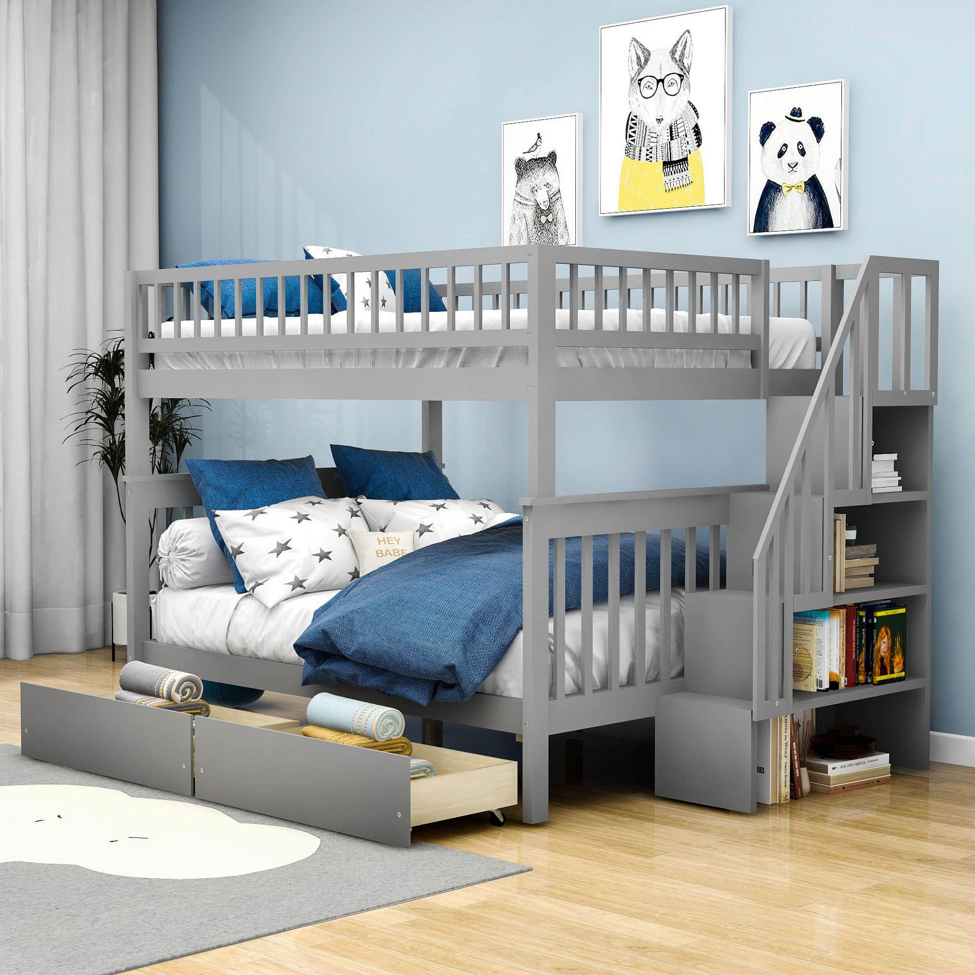 Wood Full Over Full Bunk Beds for Adults Kids with Stairs and Storage