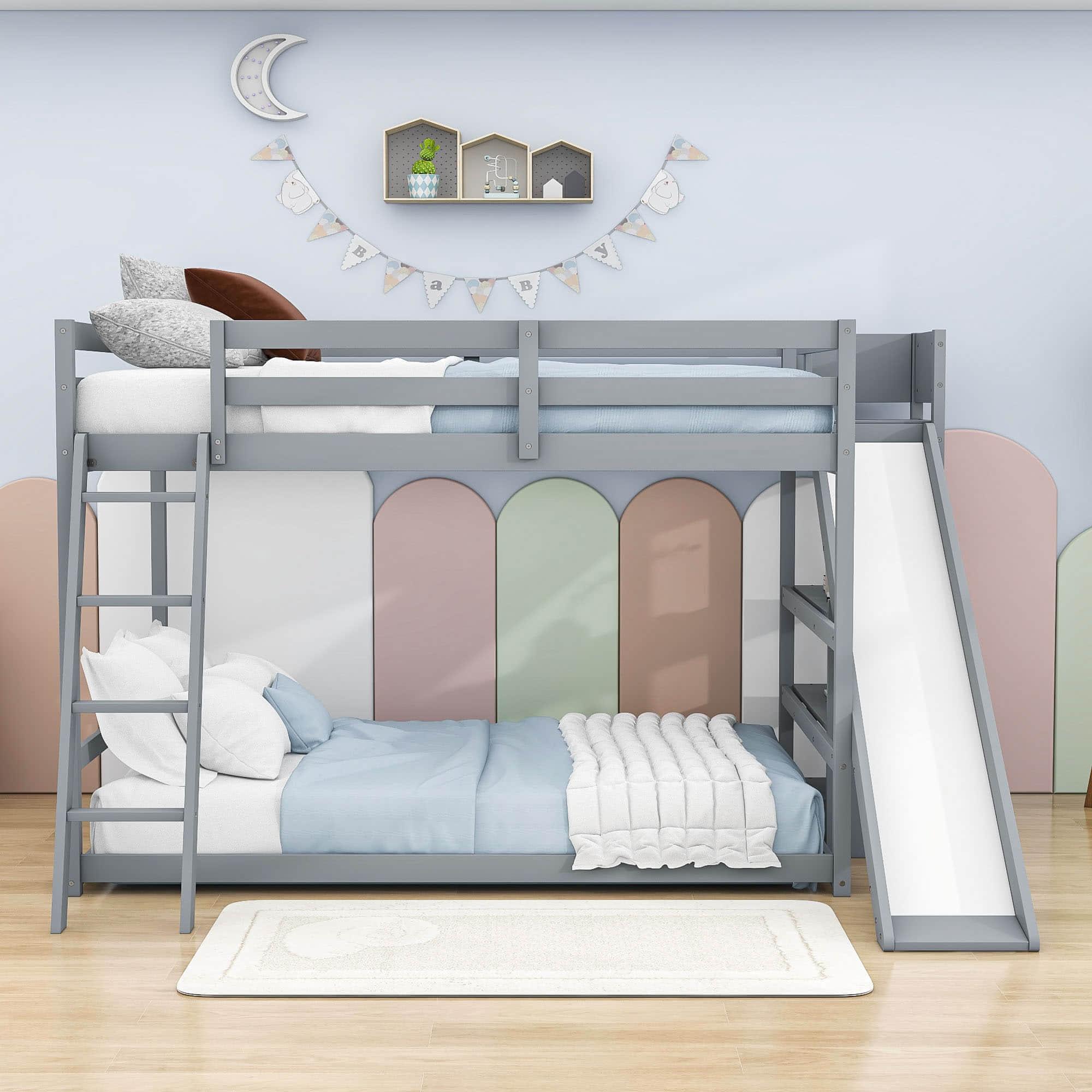 Low Full Size Loft Bunk Beds with Slide and Shelves for Kids, Toddler