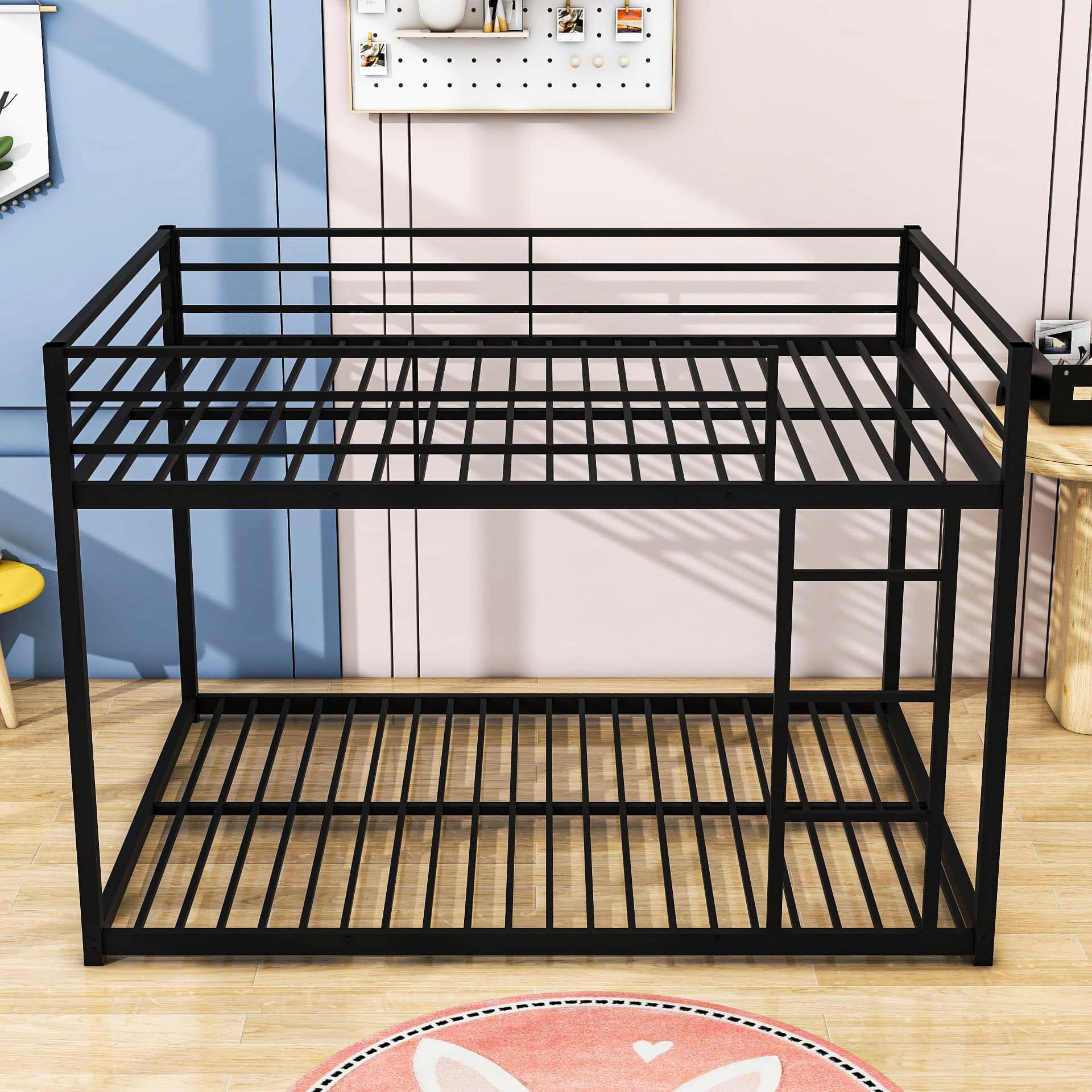 Montessori Full Over Full Scandinavian Floor Metal Bunk Bed with Ladder for Kids