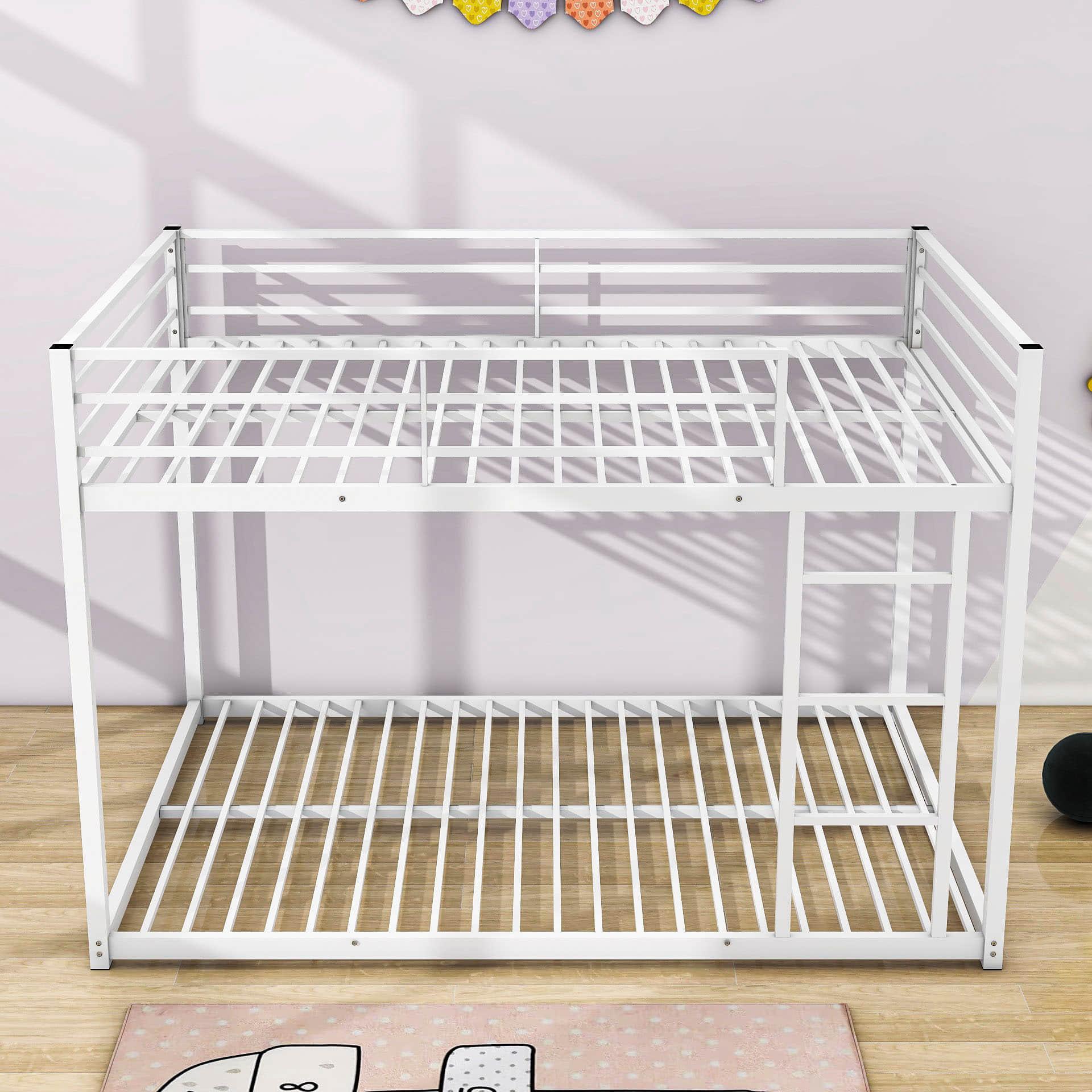 Montessori Full Over Full Scandinavian Floor Metal Bunk Bed with Ladder for Kids