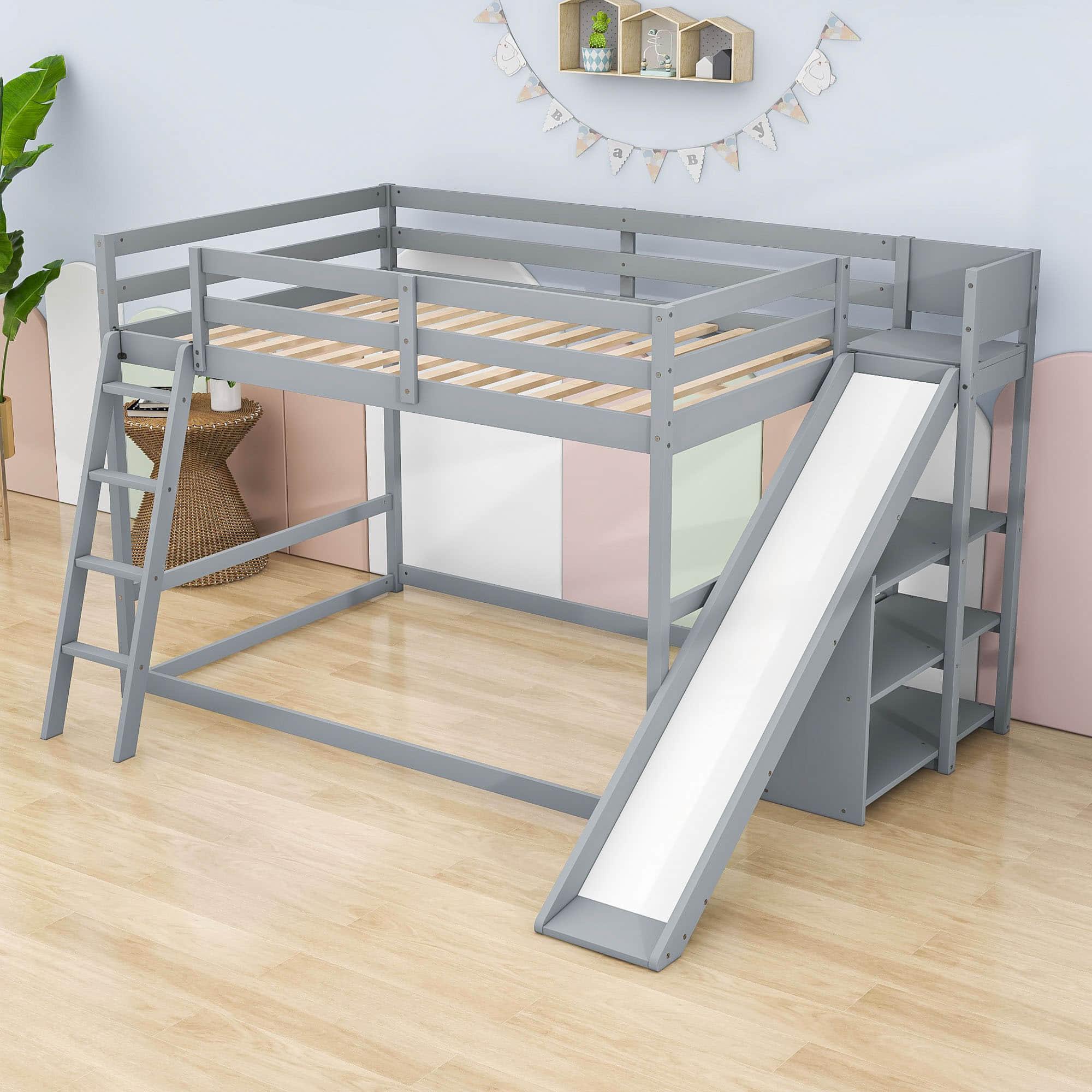 Low Full Size Loft Bunk Beds with Slide and Shelves for Kids, Toddler