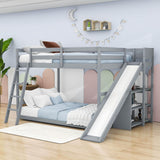 Low Full Size Loft Bunk Beds with Slide and Shelves for Kids, Toddler