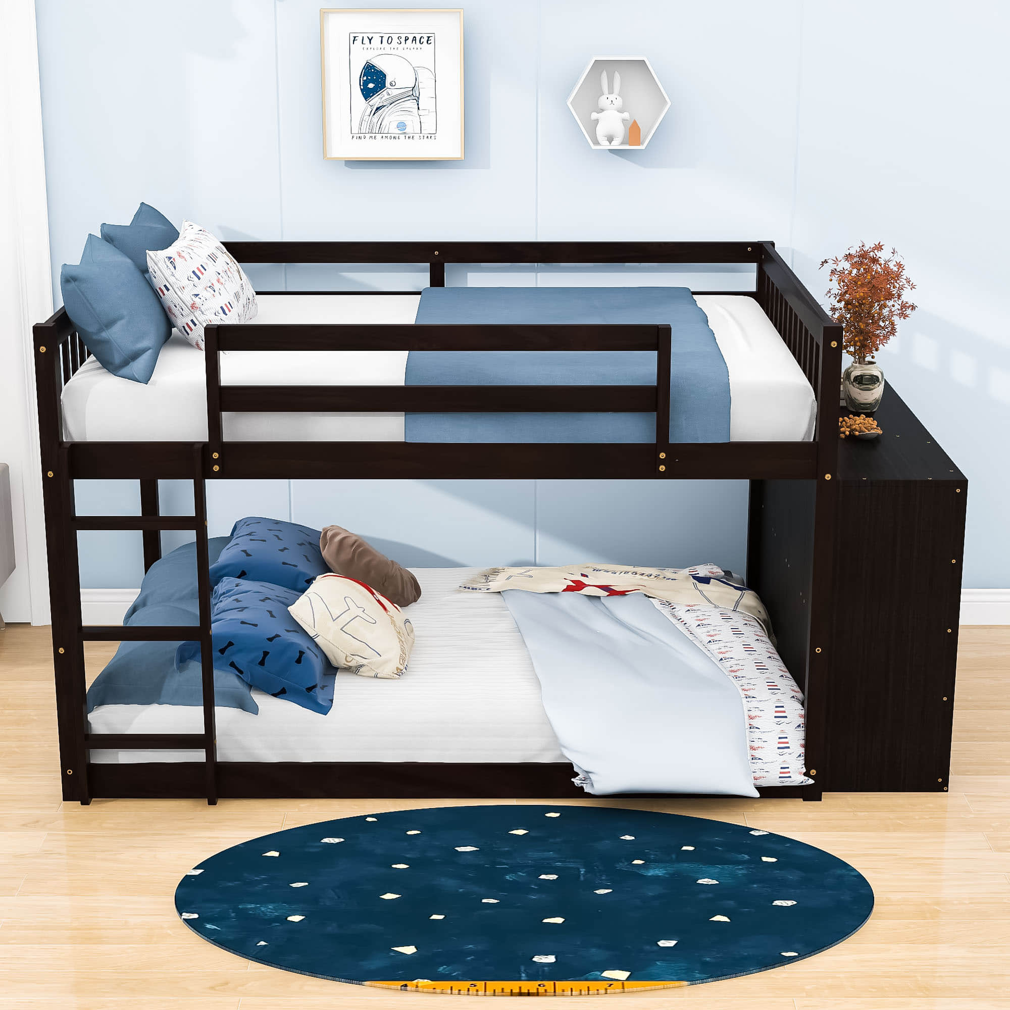 Low Full Over Full Bunk Beds for Kids, Toddlers with Storage - [Wood]