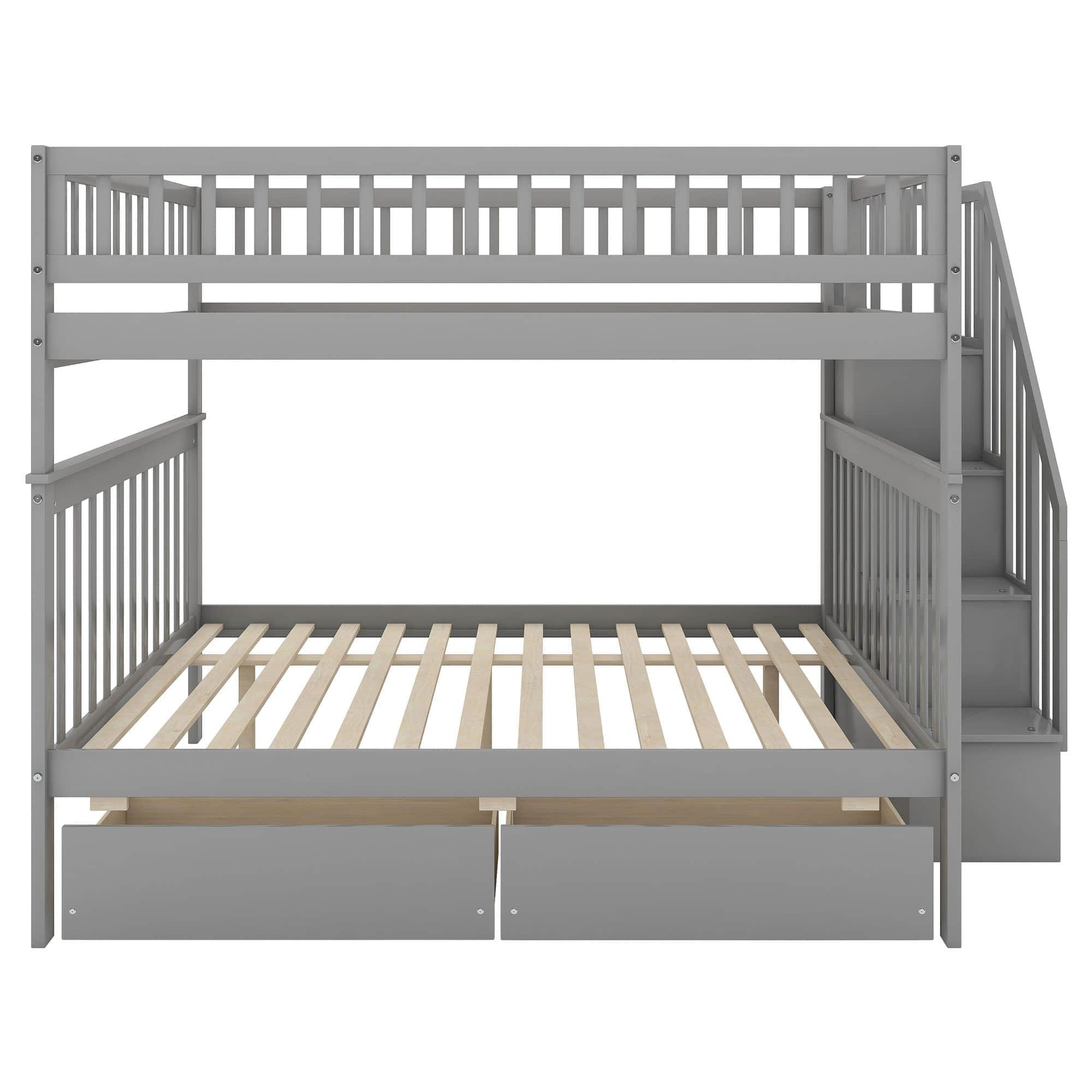 Wood Full Over Full Bunk Beds for Adults Kids with Stairs and Storage