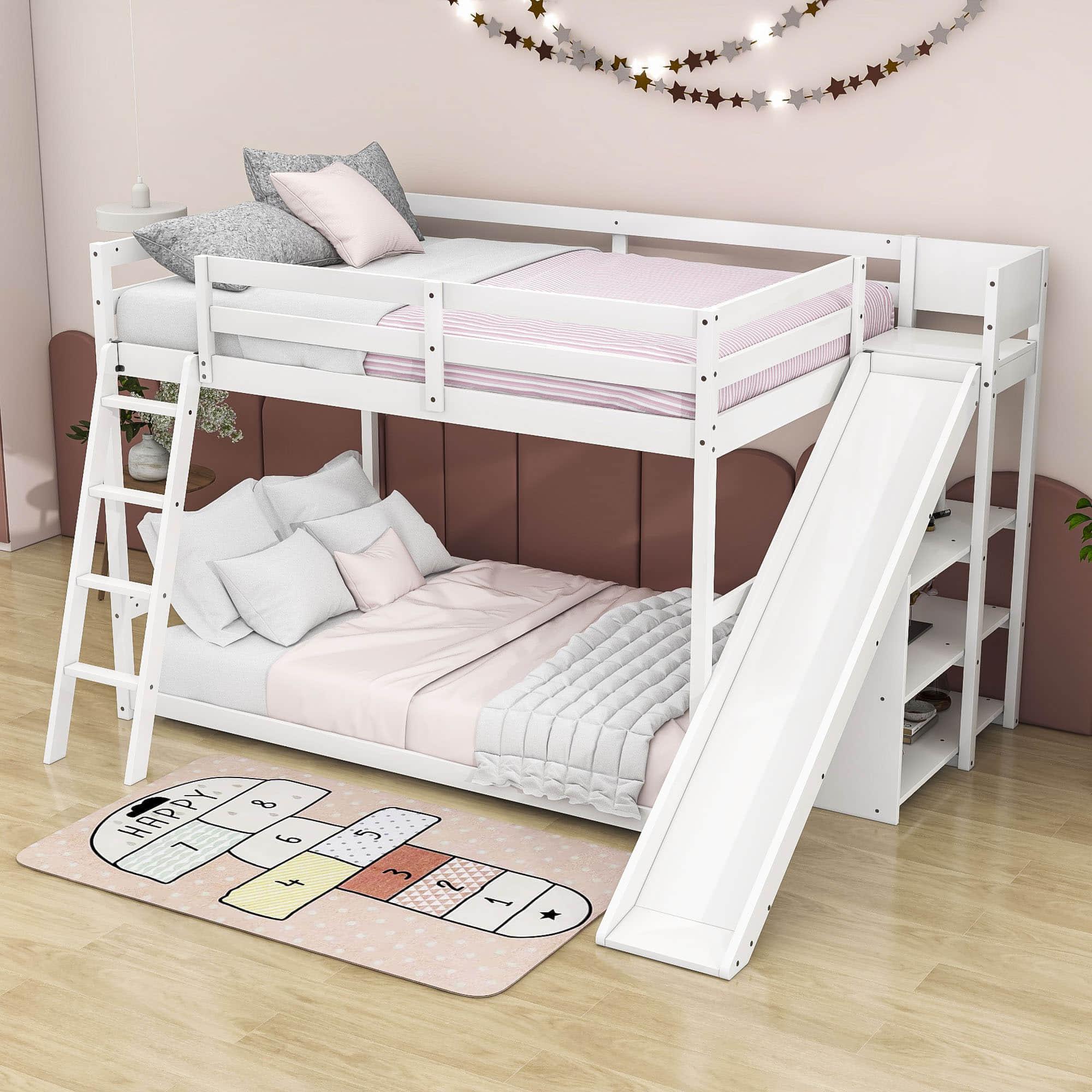 Low Full Size Loft Bunk Beds with Slide and Shelves for Kids, Toddler