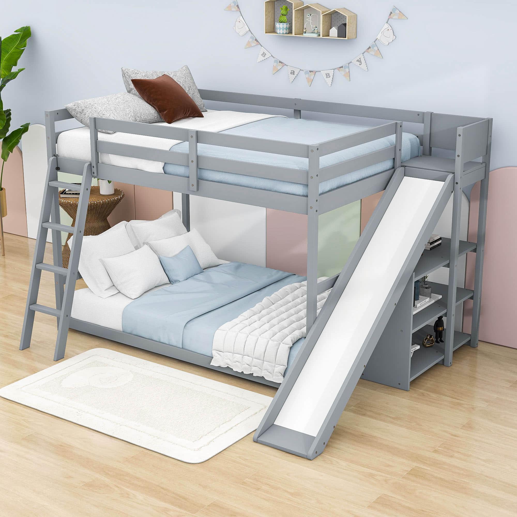 Low Full Size Loft Bunk Beds with Slide and Shelves for Kids, Toddler