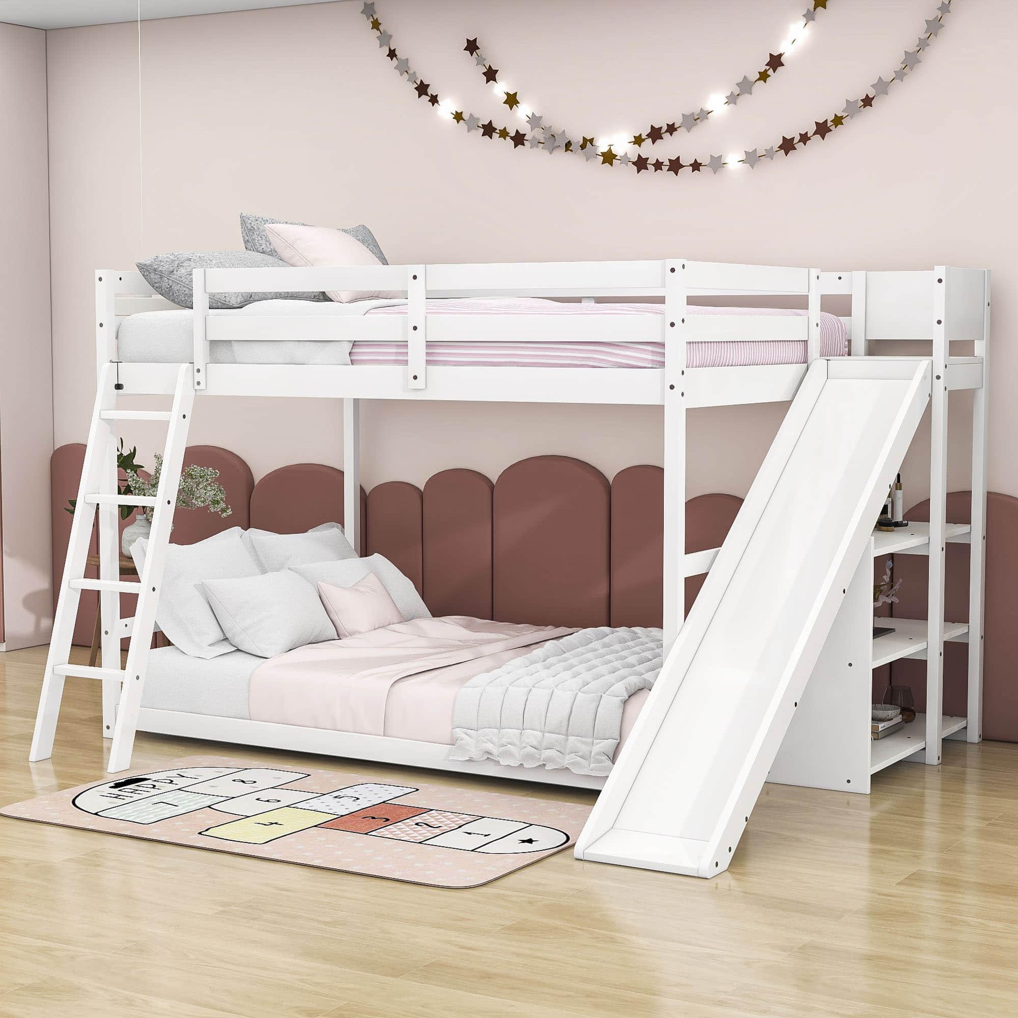 Low Full Size Loft Bunk Beds with Slide and Shelves for Kids, Toddler