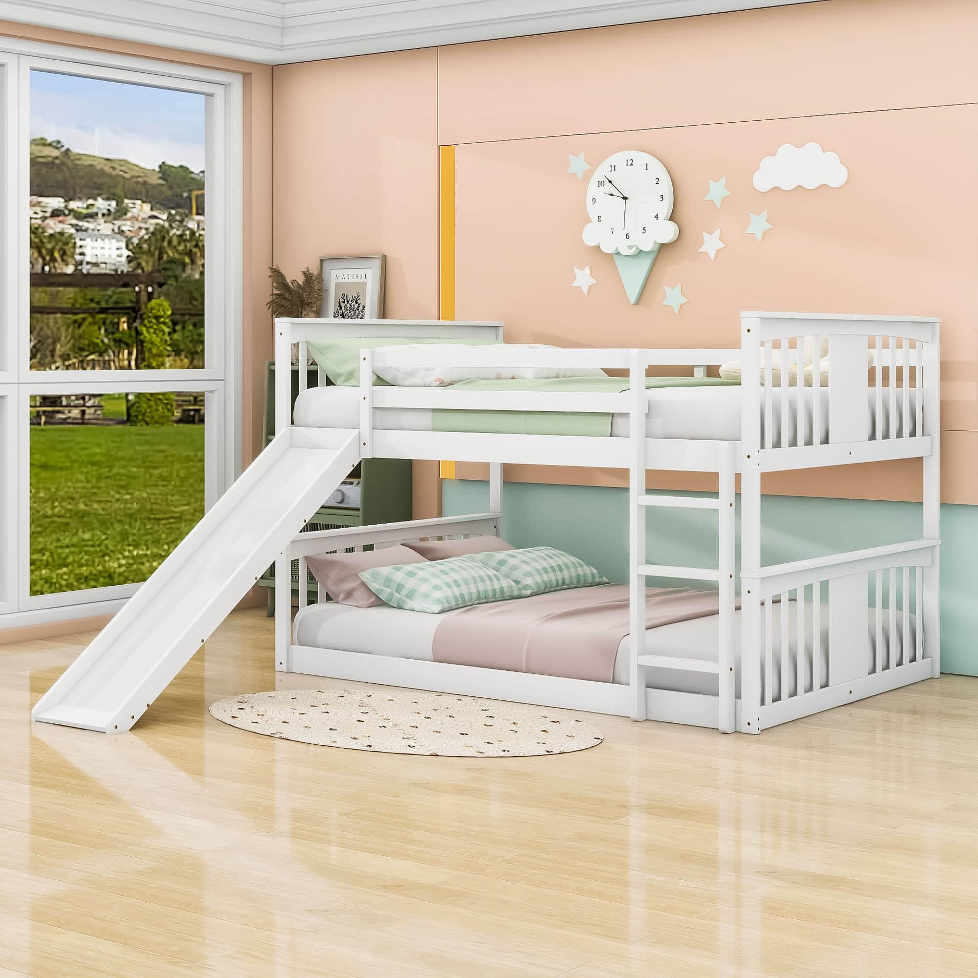 Low Full Over Full Bunk Beds with Slide for Kids Toddler - [Wooden]