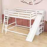 Low Full Size Loft Bunk Beds with Slide and Shelves for Kids, Toddler