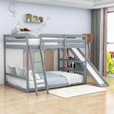 Low Full Size Loft Bunk Beds with Slide and Shelves for Kids, Toddler