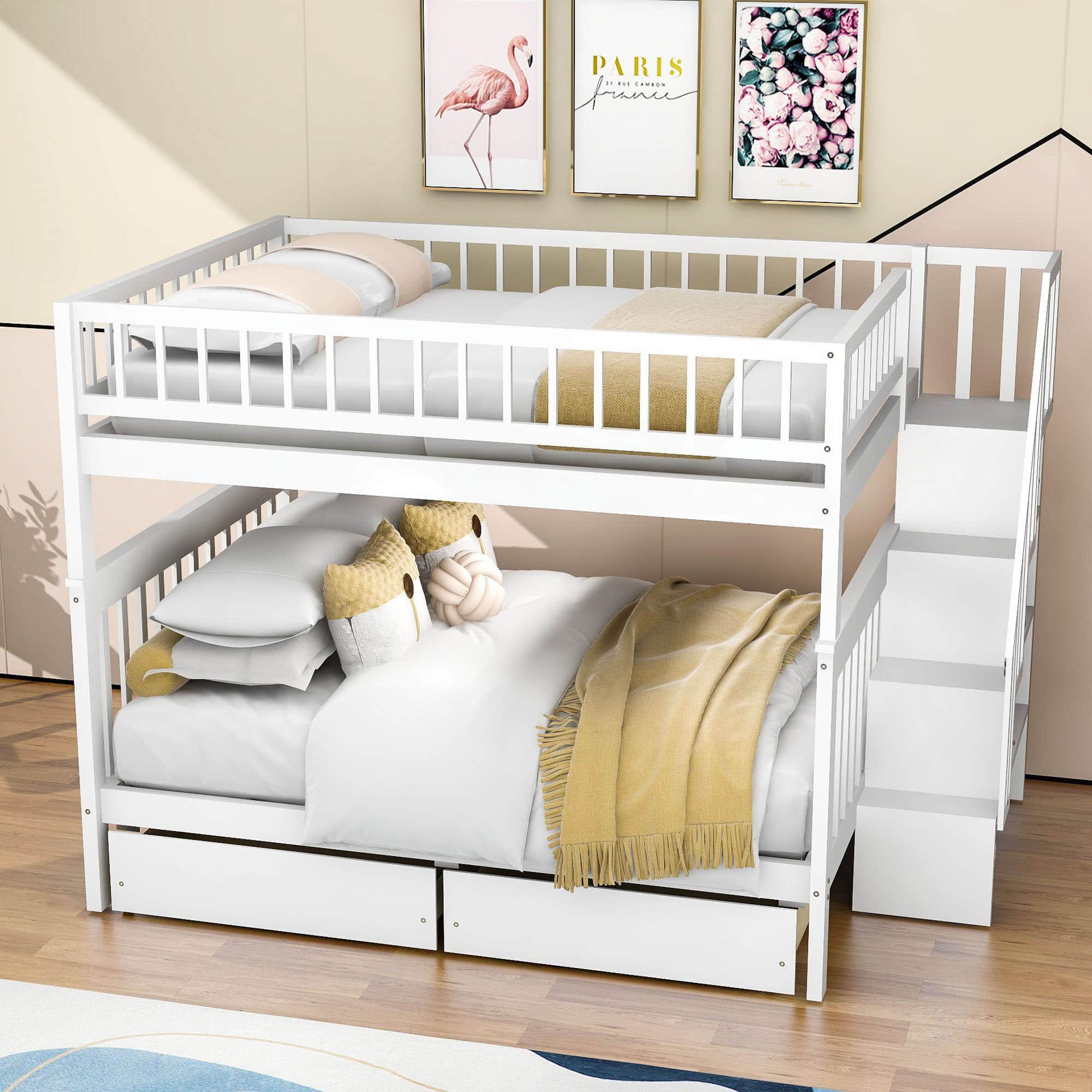 Wood Full Over Full Bunk Beds for Adults Kids with Stairs and Storage