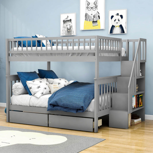 Wood Full Over Full Bunk Beds for Adults Kids with Stairs and Storage