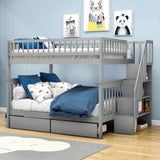 Wood Full Over Full Bunk Beds for Adults Kids with Stairs and Storage