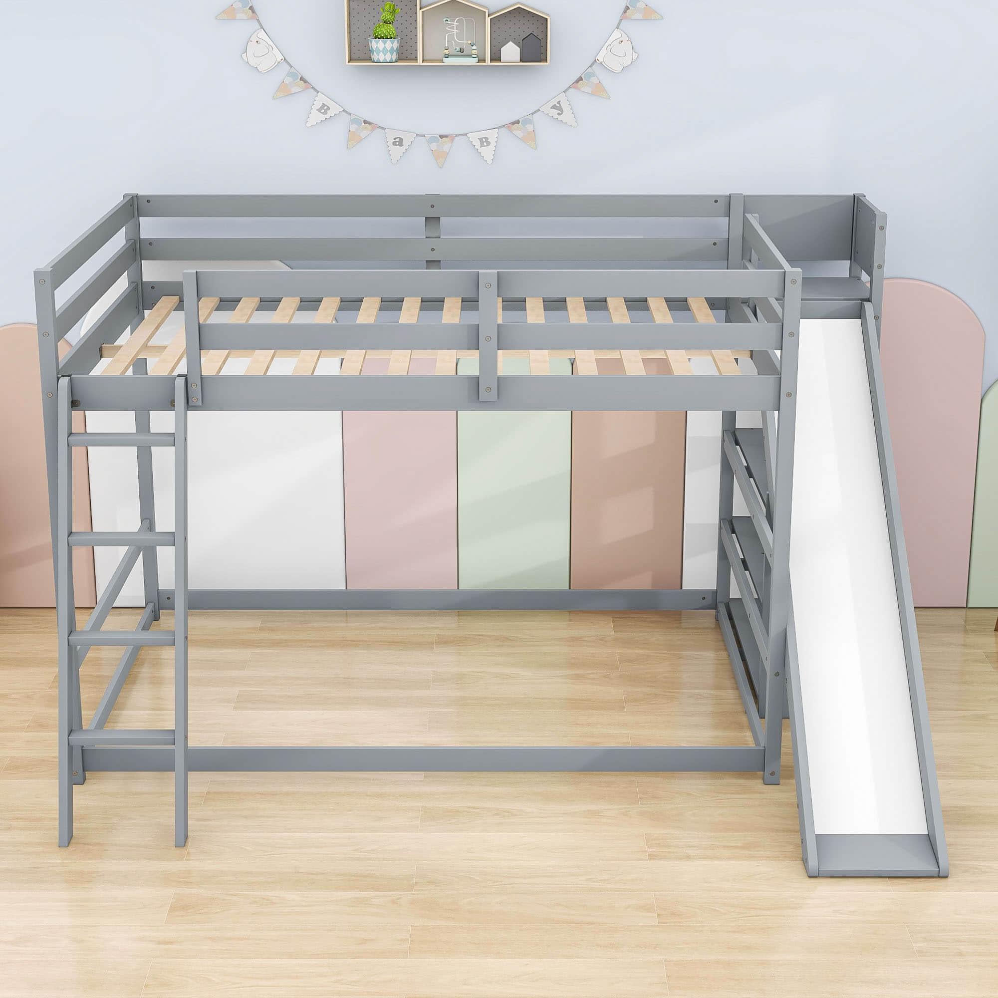 Low Full Size Loft Bunk Beds with Slide and Shelves for Kids, Toddler