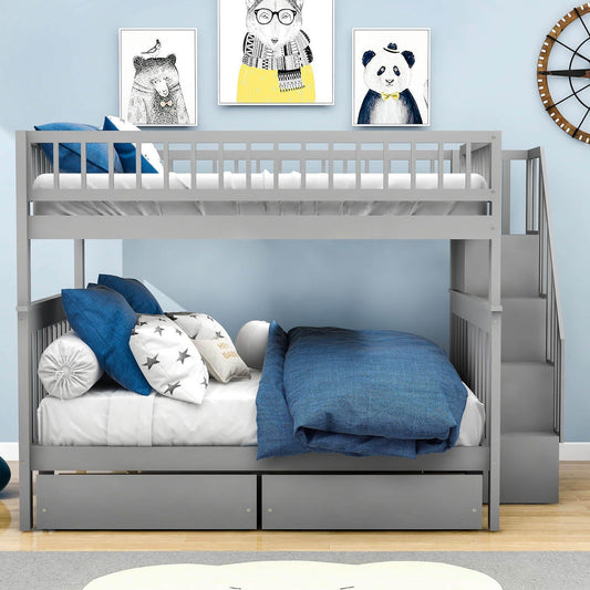 Wood Full Over Full Bunk Beds for Adults Kids with Stairs and Storage