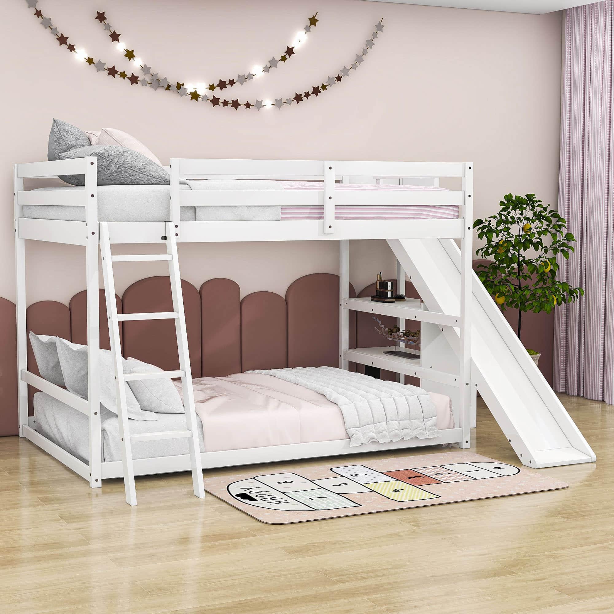 Low Full Size Loft Bunk Beds with Slide and Shelves for Kids, Toddler