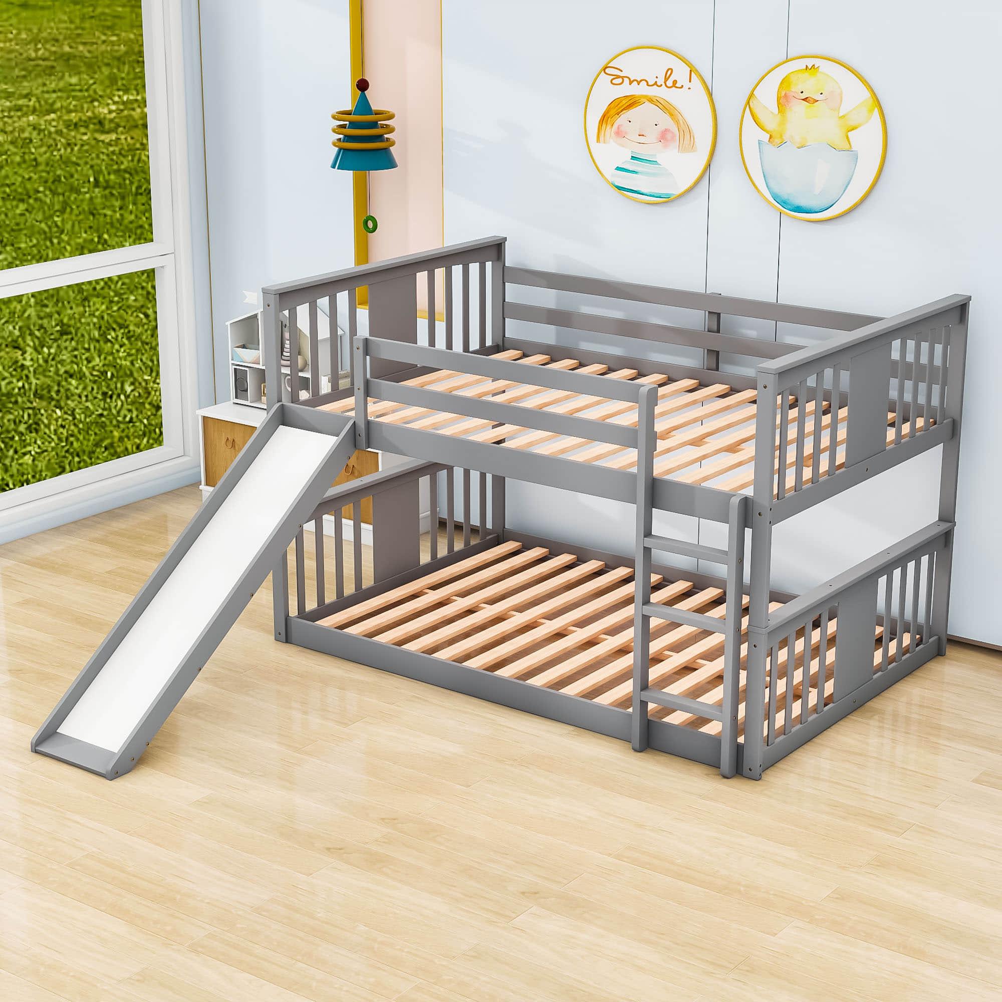 Low Full Over Full Bunk Beds with Slide for Kids Toddler - [Wooden]